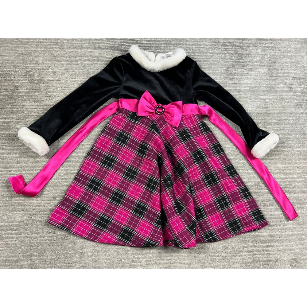 Dollie & Me Dress Girls 5 Pink Black Plaid Velvet Faux Fur‎ Trim Holiday 4090195
